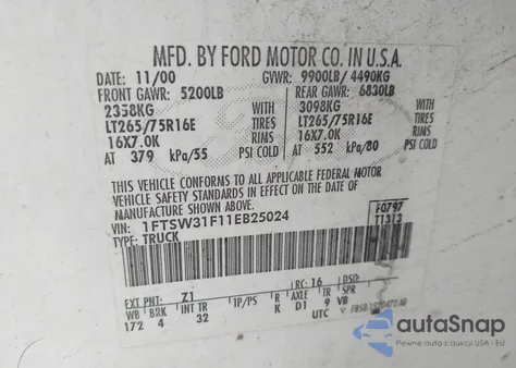 2001 Ford F-350 Lariat/Xl/Xlt z USA, uszkodzony, nr VIN 1FTSW31F11EB25024